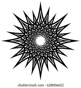 Radial geometric element series. Abstract black and white shape in concentric, circular style. Design elements with various distortion effects. Irregular geometric elements