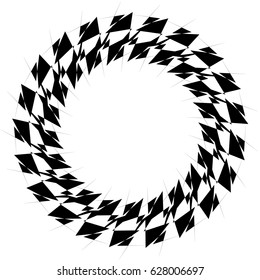 Radial geometric element series. Abstract black and white shape in concentric, circular style. Design elements with various distortion effects. Irregular geometric elements