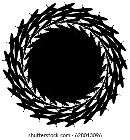 Radial geometric element series. Abstract black and white shape in concentric, circular style. Design elements with various distortion effects. Irregular geometric elements