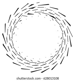 Radial geometric element series. Abstract black and white shape in concentric, circular style. Design elements with various distortion effects. Irregular geometric elements