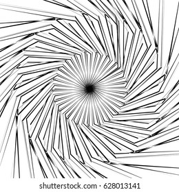 Radial geometric element series. Abstract black and white shape in concentric, circular style. Design elements with various distortion effects. Irregular geometric elements