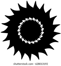 Radial geometric element series. Abstract black and white shape in concentric, circular style. Design elements with various distortion effects. Irregular geometric elements