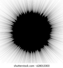 Radial geometric element series. Abstract black and white shape in concentric, circular style. Design elements with various distortion effects. Irregular geometric elements