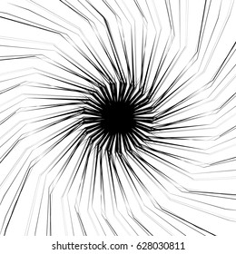 Radial geometric element series. Abstract black and white shape in concentric, circular style. Design elements with various distortion effects. Irregular geometric elements