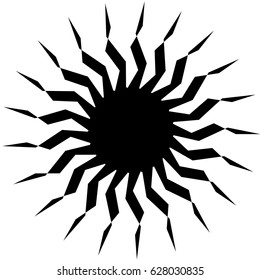 Radial geometric element series. Abstract black and white shape in concentric, circular style. Design elements with various distortion effects. Irregular geometric elements