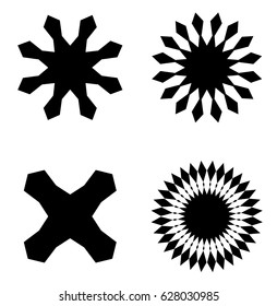 Radial geometric element series. Abstract black and white shape in concentric, circular style. Design elements with various distortion effects. Irregular geometric elements