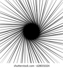 Radial geometric element series. Abstract black and white shape in concentric, circular style. Design elements with various distortion effects. Irregular geometric elements