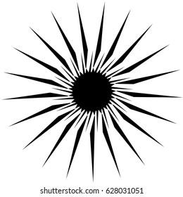 Radial geometric element series. Abstract black and white shape in concentric, circular style. Design elements with various distortion effects. Irregular geometric elements