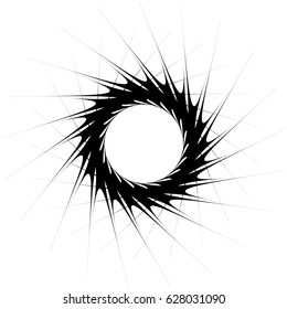 Radial geometric element series. Abstract black and white shape in concentric, circular style. Design elements with various distortion effects. Irregular geometric elements