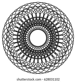 Radial geometric element series. Abstract black and white shape in concentric, circular style. Design elements with various distortion effects. Irregular geometric elements