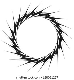 Radial geometric element series. Abstract black and white shape in concentric, circular style. Design elements with various distortion effects. Irregular geometric elements