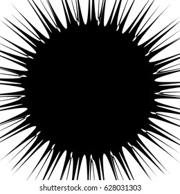 Radial geometric element series. Abstract black and white shape in concentric, circular style. Design elements with various distortion effects. Irregular geometric elements