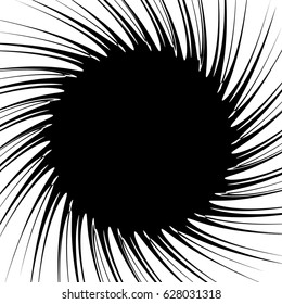 Radial geometric element series. Abstract black and white shape in concentric, circular style. Design elements with various distortion effects. Irregular geometric elements