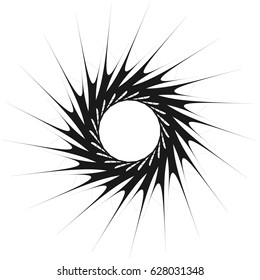 Radial geometric element series. Abstract black and white shape in concentric, circular style. Design elements with various distortion effects. Irregular geometric elements