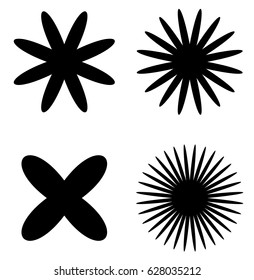 Radial geometric element series. Abstract black and white shape in concentric, circular style. Design elements with various distortion effects. Irregular geometric elements