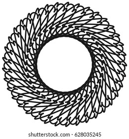 Radial geometric element series. Abstract black and white shape in concentric, circular style. Design elements with various distortion effects. Irregular geometric elements