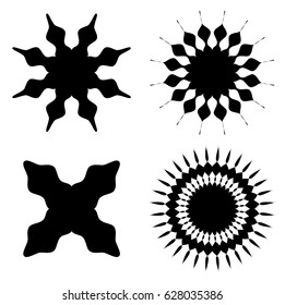 Radial geometric element series. Abstract black and white shape in concentric, circular style. Design elements with various distortion effects. Irregular geometric elements