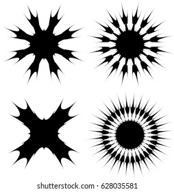 Radial geometric element series. Abstract black and white shape in concentric, circular style. Design elements with various distortion effects. Irregular geometric elements
