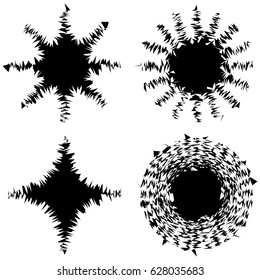Radial geometric element series. Abstract black and white shape in concentric, circular style. Design elements with various distortion effects. Irregular geometric elements