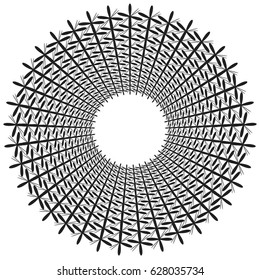 Radial geometric element series. Abstract black and white shape in concentric, circular style. Design elements with various distortion effects. Irregular geometric elements