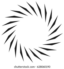 Radial geometric element series. Abstract black and white shape in concentric, circular style. Design elements with various distortion effects. Irregular geometric elements
