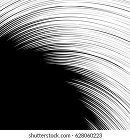 Radial geometric element series. Abstract black and white shape in concentric, circular style. Design elements with various distortion effects. Irregular geometric elements