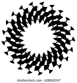 Radial geometric element series. Abstract black and white shape in concentric, circular style. Design elements with various distortion effects. Irregular geometric elements