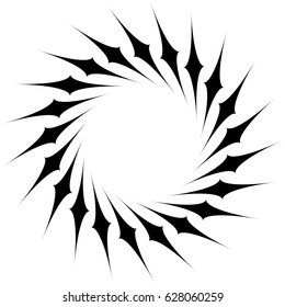 Radial geometric element series. Abstract black and white shape in concentric, circular style. Design elements with various distortion effects. Irregular geometric elements