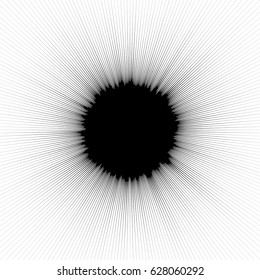 Radial geometric element series. Abstract black and white shape in concentric, circular style. Design elements with various distortion effects. Irregular geometric elements