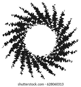 Radial geometric element series. Abstract black and white shape in concentric, circular style. Design elements with various distortion effects. Irregular geometric elements