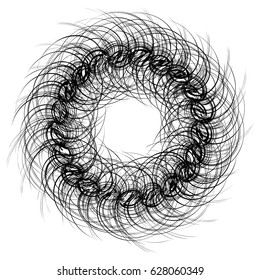 Radial geometric element series. Abstract black and white shape in concentric, circular style. Design elements with various distortion effects. Irregular geometric elements