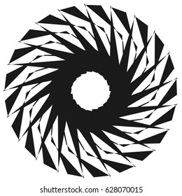 Radial geometric element series. Abstract black and white shape in concentric, circular style. Design elements with various distortion effects. Irregular geometric elements