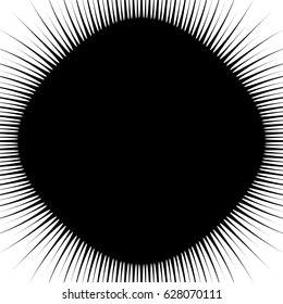Radial geometric element series. Abstract black and white shape in concentric, circular style. Design elements with various distortion effects. Irregular geometric elements