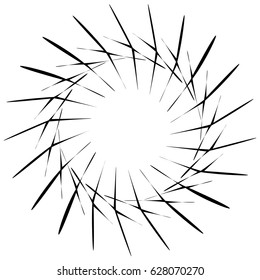 Radial geometric element series. Abstract black and white shape in concentric, circular style. Design elements with various distortion effects. Irregular geometric elements