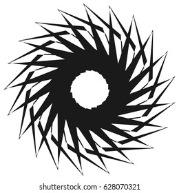 Radial geometric element series. Abstract black and white shape in concentric, circular style. Design elements with various distortion effects. Irregular geometric elements