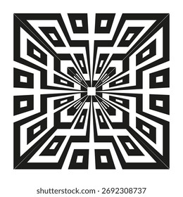Radial geometric pattern. Concentric squares motif. Black white abstract art. Vector dynamic shape. EPS 10.