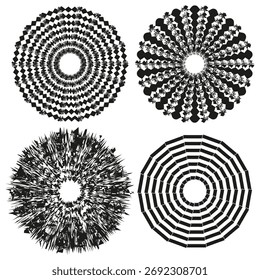 Radial geometric patterns. Four circle elements set. Abstract rotation Vector shapes. Black white graphic design. EPS 10.