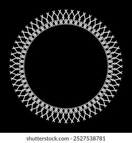 Patrón blanco geométrico radial sobre fondo negro. Marco de círculo decorativo. Elemento de diseño redondo. Arte vectorial.
