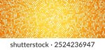 Radial gold disco party pattern. Yellow square sequin mosaic texture background. Abstract golden shining glitter halftone wallpaper. Pop up comic sparkling glitter backdrop. Vector 