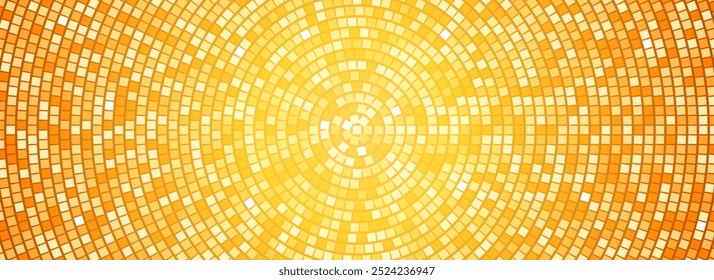 Radial gold disco party pattern. Yellow square sequin mosaic texture background. Abstract golden shining glitter halftone wallpaper. Pop up comic sparkling glitter backdrop. Vector 