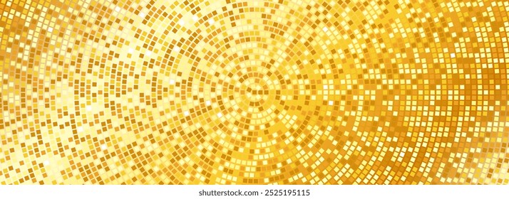 Radial gold disco party pattern. Golden square sequin mosaic texture background. Abstract yellow shining glitter halftone wallpaper. Pop up comic sparkling glitter and strass backdrop. Vector