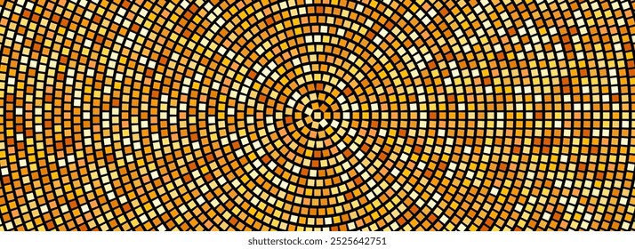 Padrão de festa de disco de ouro radial. Fundo de textura de mosaico de lantejoulas quadradas douradas. Abstrato amarelo laranja brilhante brilho papel de parede de meio-tom. Pop up quadrinhos brilhante glitter e strass pano de fundo. Vetor