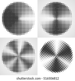 Radial gradient halftone backgrounds. Dot circular design. Set of vector illustrations. Collection of fading geometric shapes. Black and white forms.