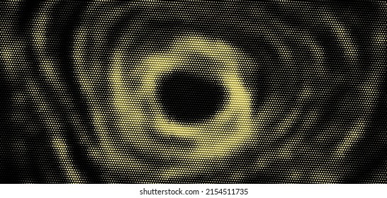 Radial gradient of halftone yellow dots on a black background. Pop art texture. Comic background. Vector illustration.