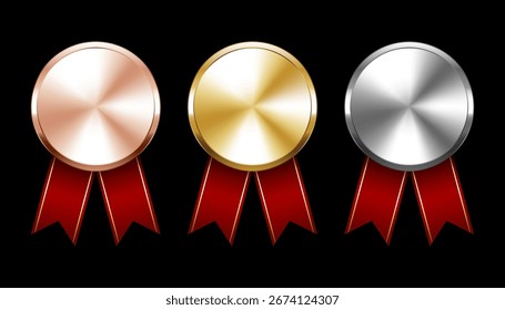 Oro metálico degradado radial, plata, medalla de bronce con cinta roja. Moneda de la insignia del trofeo del ganador. Certificado de calidad de holograma redondo marco de la etiqueta engomada. Fondo brillante del Anuncio de la etiqueta del escudo de la insignia.