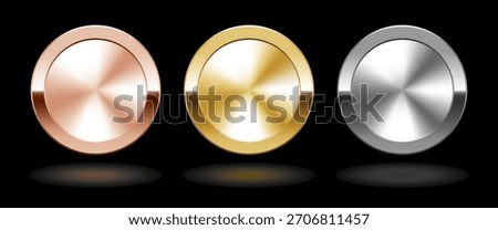 Radial gradient metallic medal with thick frame. Award trophy badge gold, silver, bronze coin. Metal chrome circle button. Certificate round hologram sticker. Shiny badge label banner background.