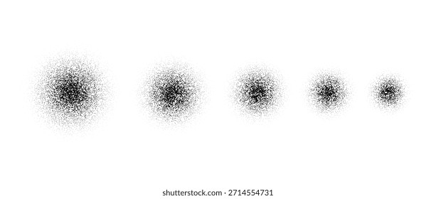 Conjunto de trazo de pincel de grano radial. Colección de gradiente de ruido punteado redondo. Grunge espolvorea textura de spray punteada. Elementos sucios de arena. Manchas salpicadas de superposición. Manchas de Vector arenoso salpicado
