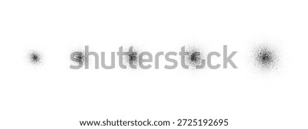 Radial grain brush strokes set. Circle stippled noise gradient collection. Dotted splatter overlay spots. Grunge sprinkle dotted spray texture. Round dust sand elements. Vector gritty splashed piles.