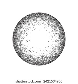 Radial grain pattern, pointillism vector illustration. Abstract circle with gradient stipple noise texture and dots gradation with circular spin effect, monochrome dotwork on white background.