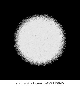 Radial grain pattern, pointillism vector illustration. Abstract circle with gradient stipple noise texture and dots gradation with circular spin effect, monochrome dotwork on black background.